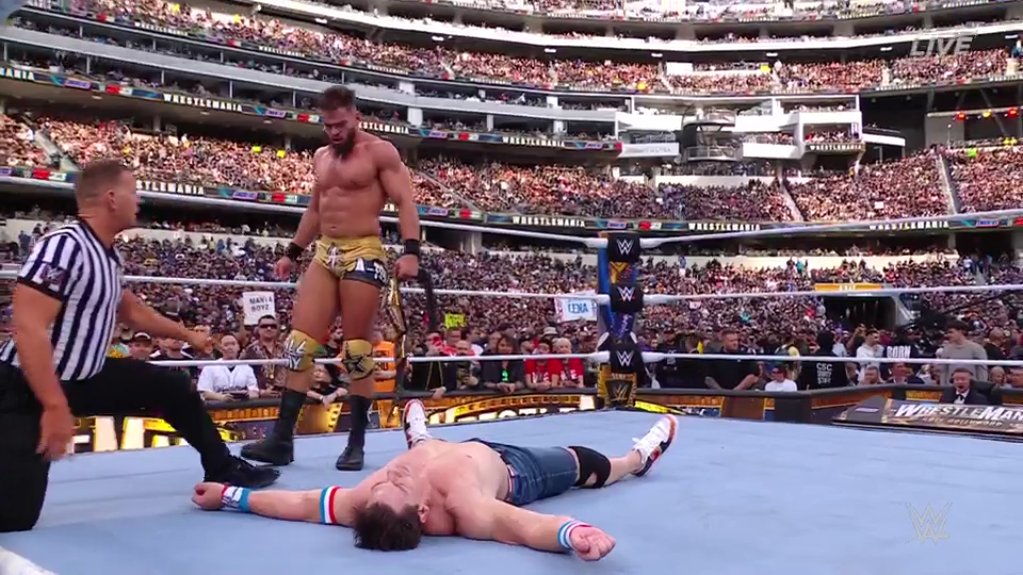 WrestleMania 39: Austin Theory defeated John Cena with a low blow